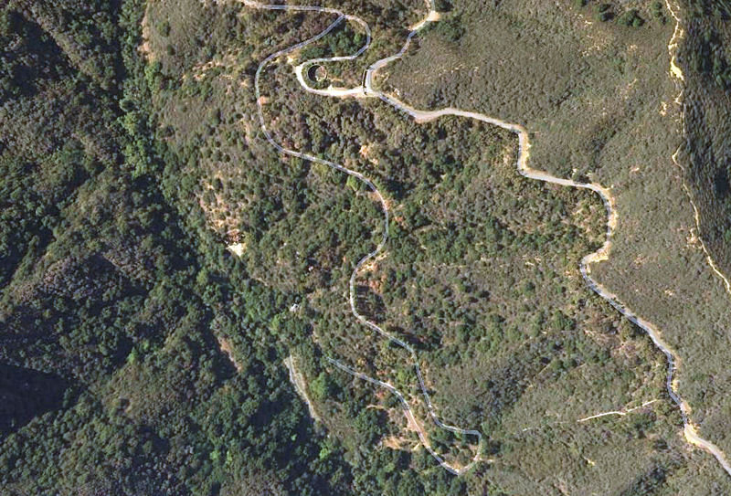 An aerial view of the former Murphy Ranch; the entry gates and the reservoir can be clearly seen at the top of the image